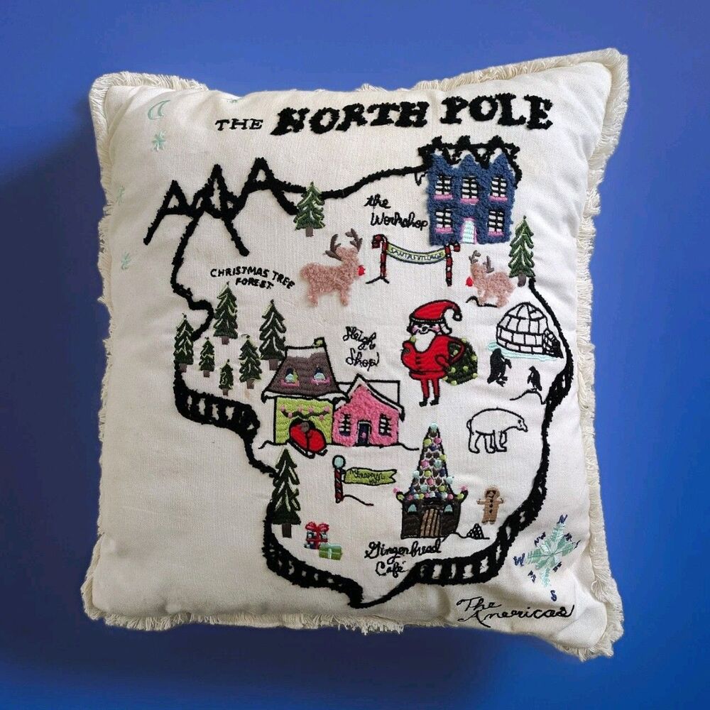 Hobby Lobby North Pole Map Pillow 18" Embroidered Christmas Collectible NWOT